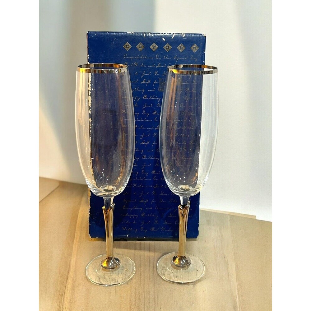 Vtg Toasting Flutes Champagne Silver Banded & Stems Set of 2 Czech Republic
